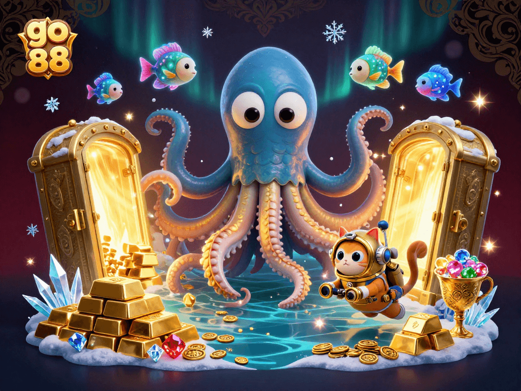 Experience thrilling wins with go 88 in a vibrant casino adventure featuring a 3D kraken, cat, and gems.
