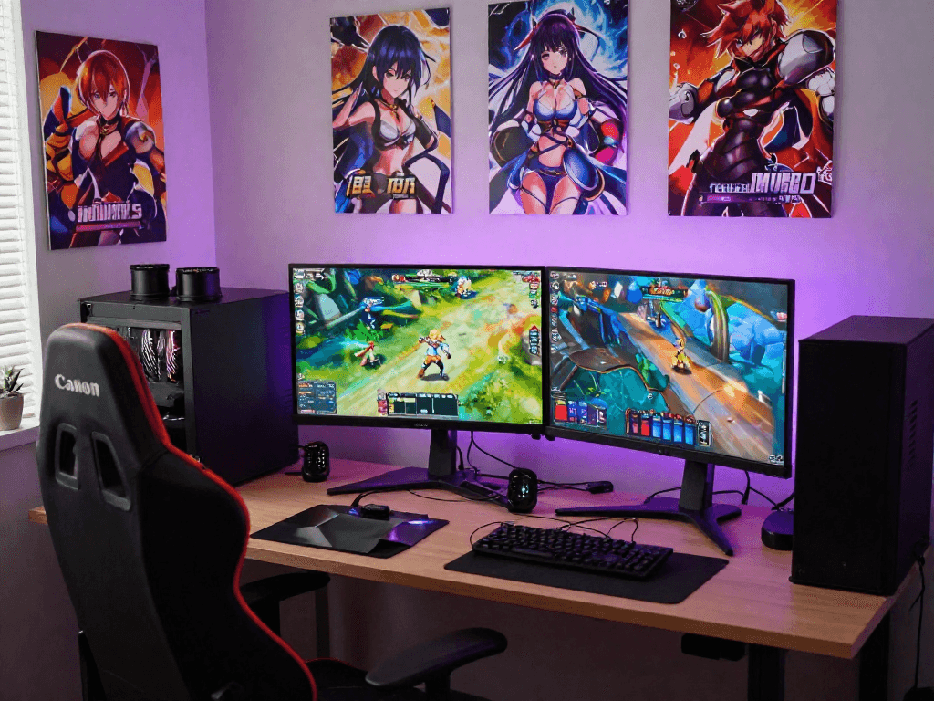 Engaging scene of a player immersed in a hentai game with vibrant visuals and gaming setup