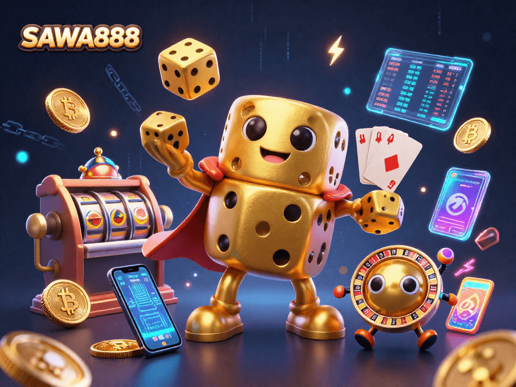 Engage with SAWA888's thrilling online slots featuring dynamic action and glowing cryptocurrency elements.