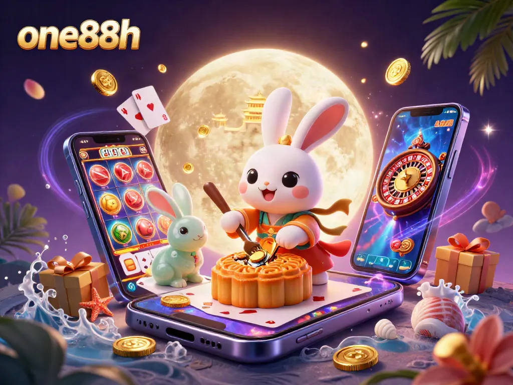 Engage in exciting gaming at one88h with a vibrant 3D moon rabbit scene showcasing online casino elements.