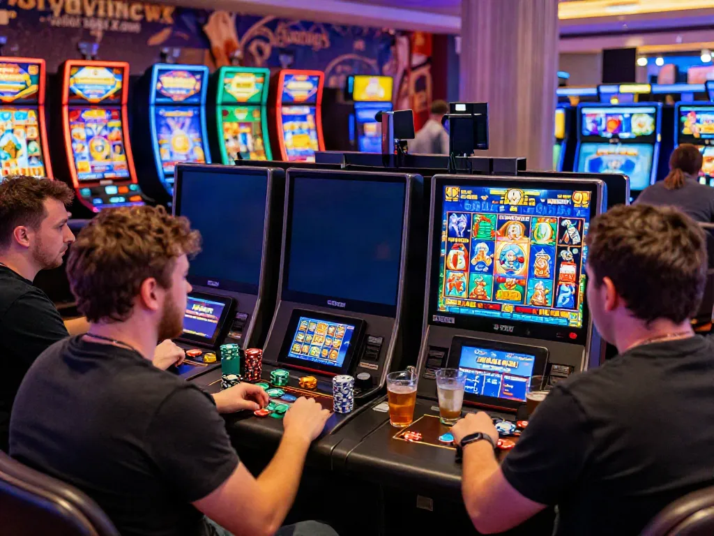 Engaged players exploring Bonus Buy slots at https://stargazyinn.co.uk in a colorful online casino ambiance.