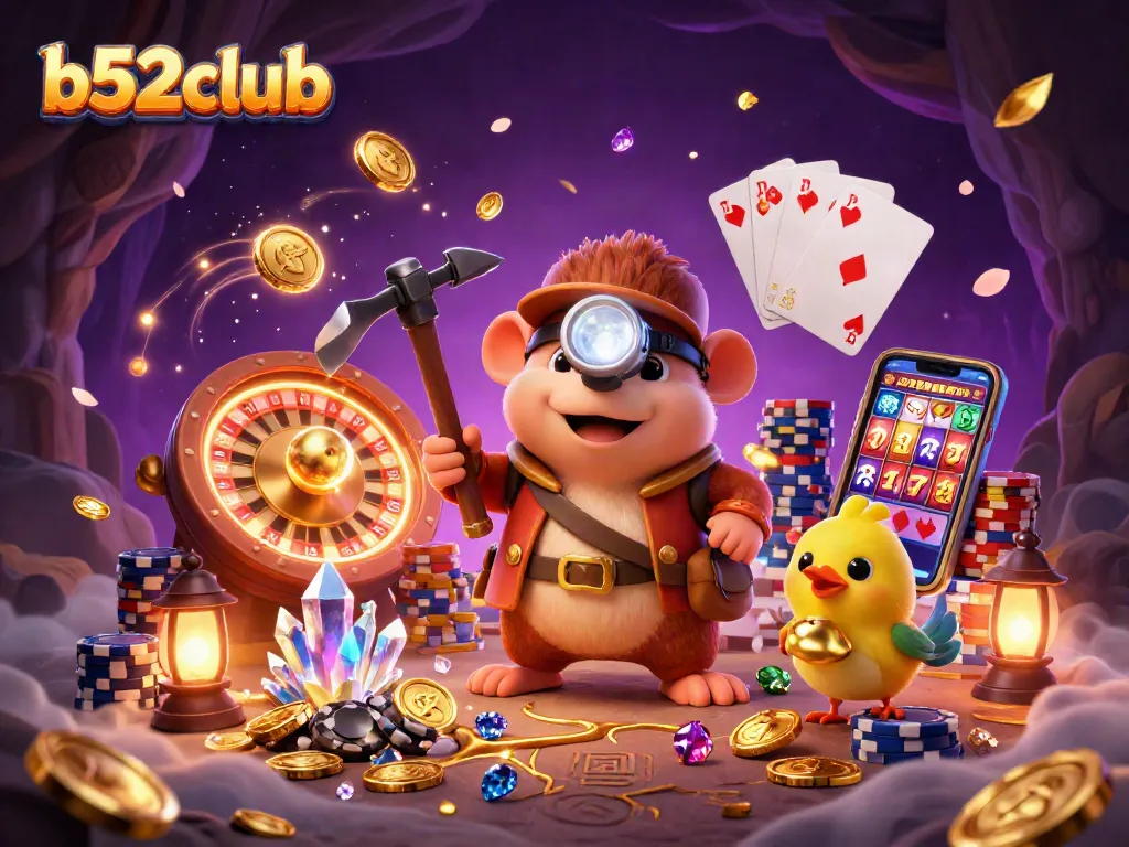 Experience the excitement of b52club with a treasure hunting mole amidst dynamic casino elements and vibrant gems.