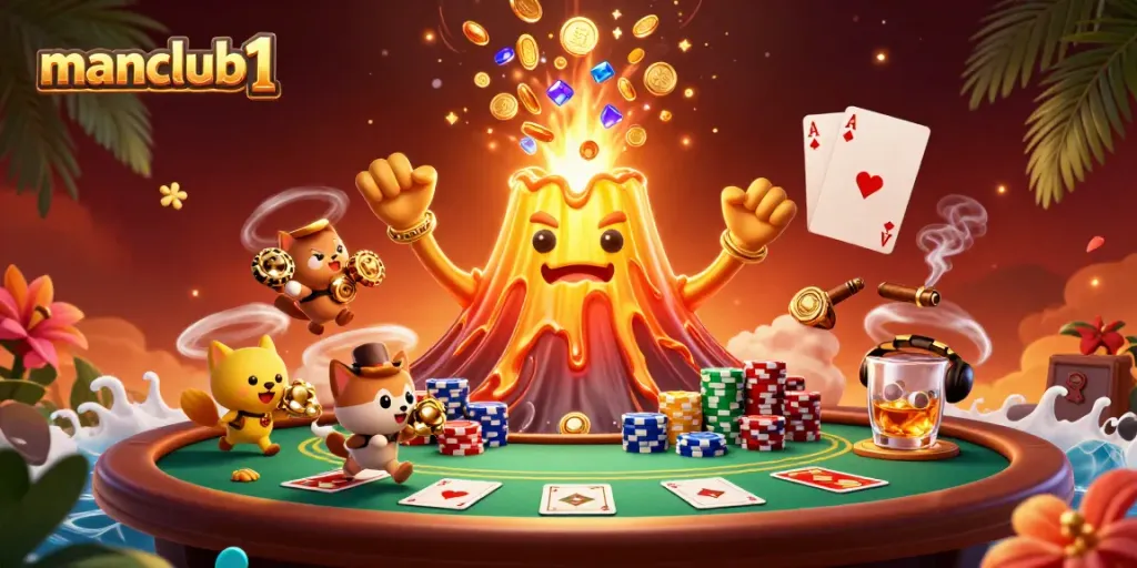 Experience gaming fun at manclub1 with a lively 3D volcanic illustration depicting treasures and poker elements.
