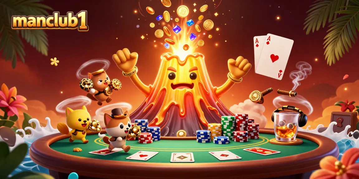Experience gaming fun at manclub1 with a lively 3D volcanic illustration depicting treasures and poker elements.