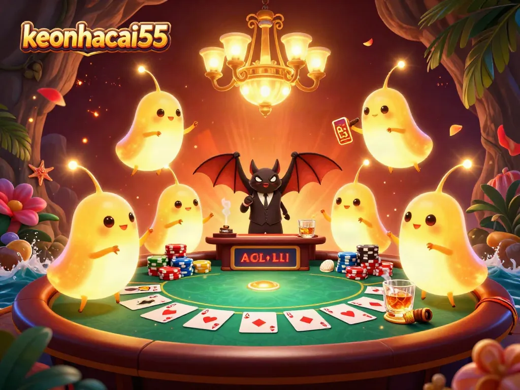 Experience the excitement at keonhacai55 with vibrant glowworms lighting up a poker table in a cave casino.