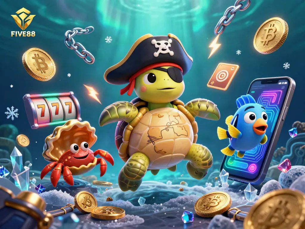 Engage with FIVE88's vibrant casino action featuring a pirate turtle, golden hermit crab, and colorful elements
