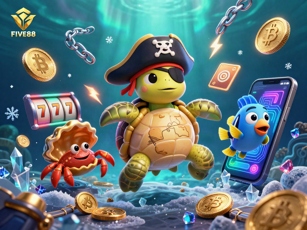 Engage with FIVE88's vibrant casino action featuring a pirate turtle, golden hermit crab, and colorful elements