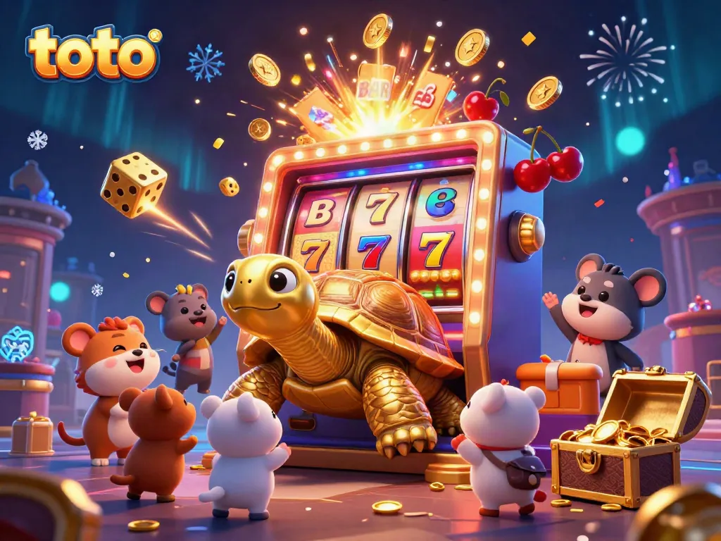Play toto-themed slot games with a vibrant golden tortoise and exciting casino elements.