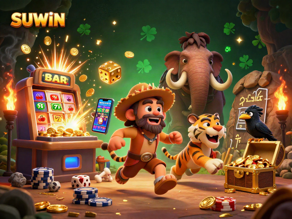 Suwin brings excitement to life with a vibrant casino scene featuring a cartoon caveman and sabertooth tiger in action.