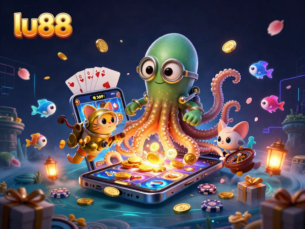 Experience the thrilling world of lu88 with a colorful 3D illustration of a kraken, diving cat, and gambling elements.