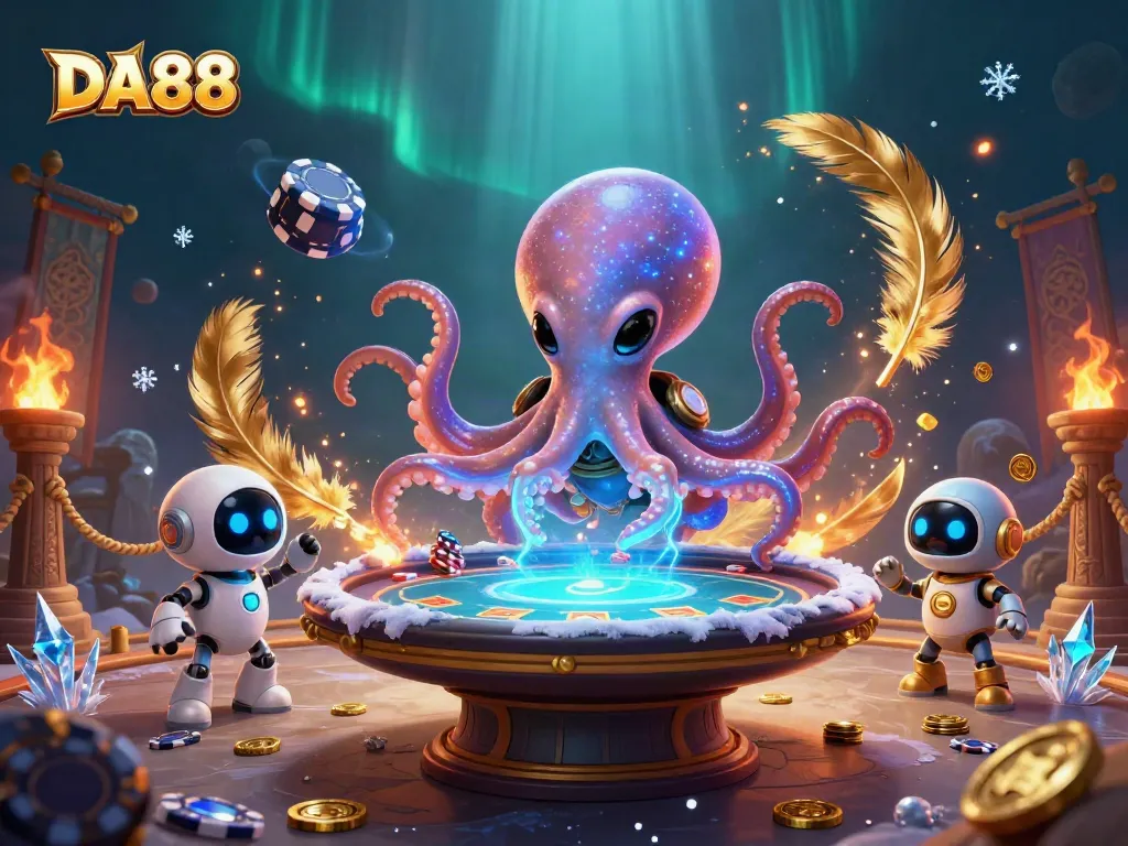 DA88 showcases an alien octopus at a holographic poker table amidst vibrant casino elements.