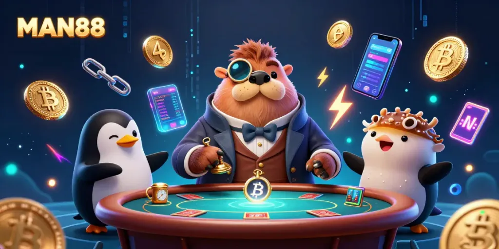 Experience high-stakes poker with MAN88's whimsical underwater casino featuring charming characters and vibrant crypto elements.