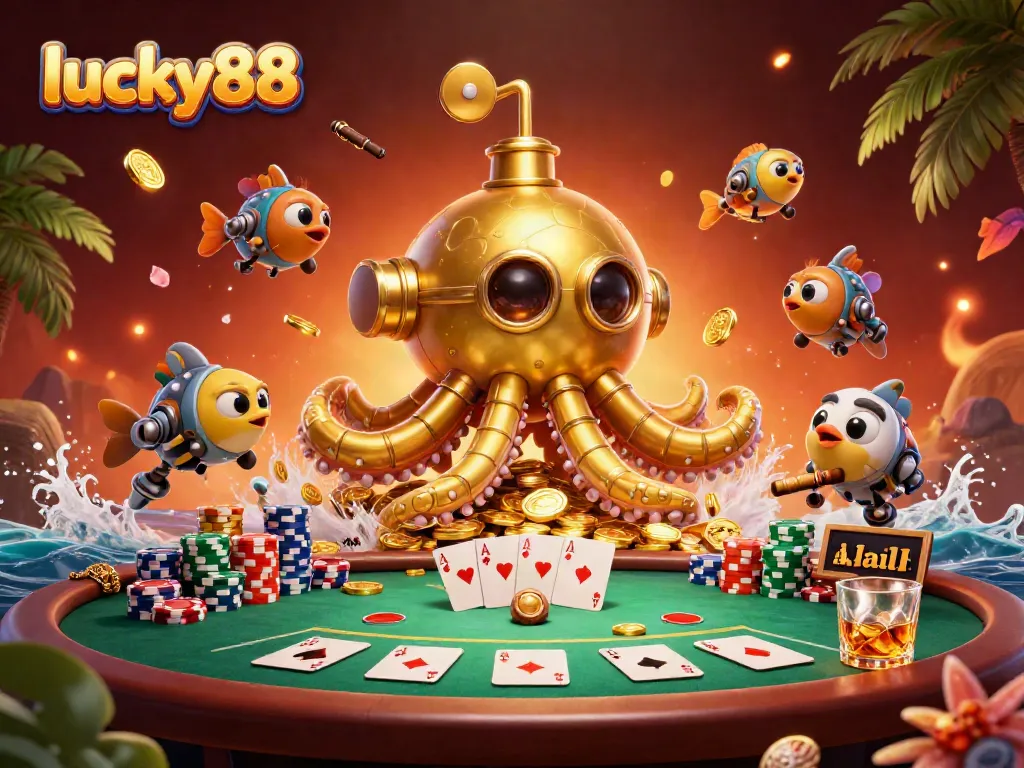 Experience thrilling gameplay at lucky88 with a golden kraken and poker chips amidst golden coins.