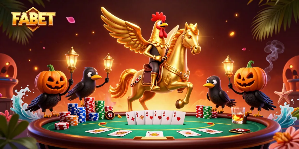 Engage with FABET by exploring an exciting casino scene featuring a golden rooster and poker elements.