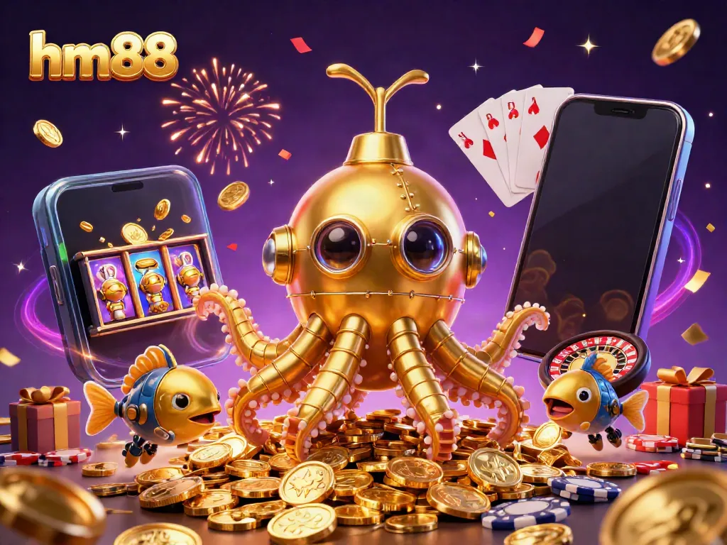 Play exciting slot games with hm88, featuring a golden kraken submarine amidst coins and vibrant gaming elements.