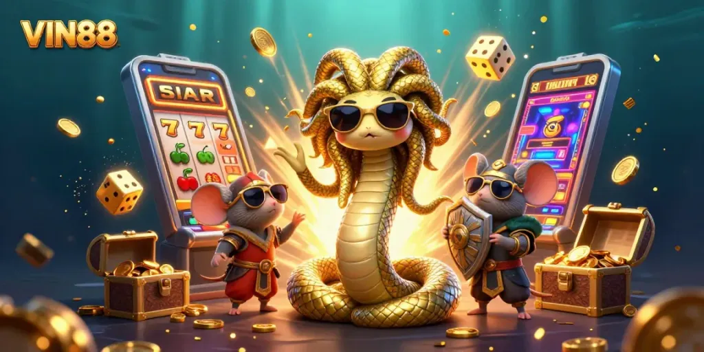 Engage with VIN88's dynamic casino scene featuring Medusa and a warrior mouse amidst slot machine jackpots.