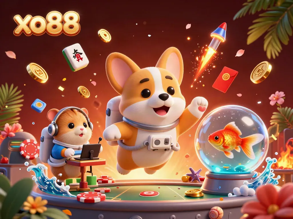 Experience the thrilling adventure of xo88 with a floating corgi, coins, and festive elements in a lively casino scene.