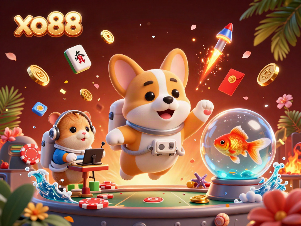 Experience the thrilling adventure of xo88 with a floating corgi, coins, and festive elements in a lively casino scene.