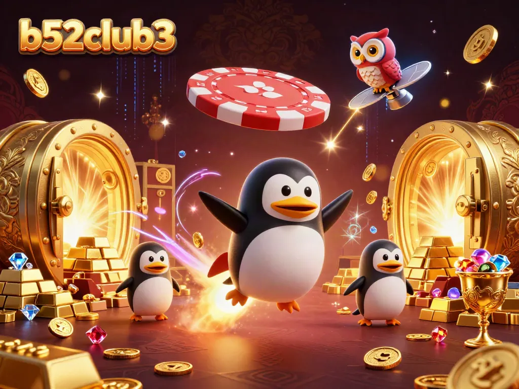 Bets and wins await at b52club3, where a golden penguin celebrates thrilling casino adventures.