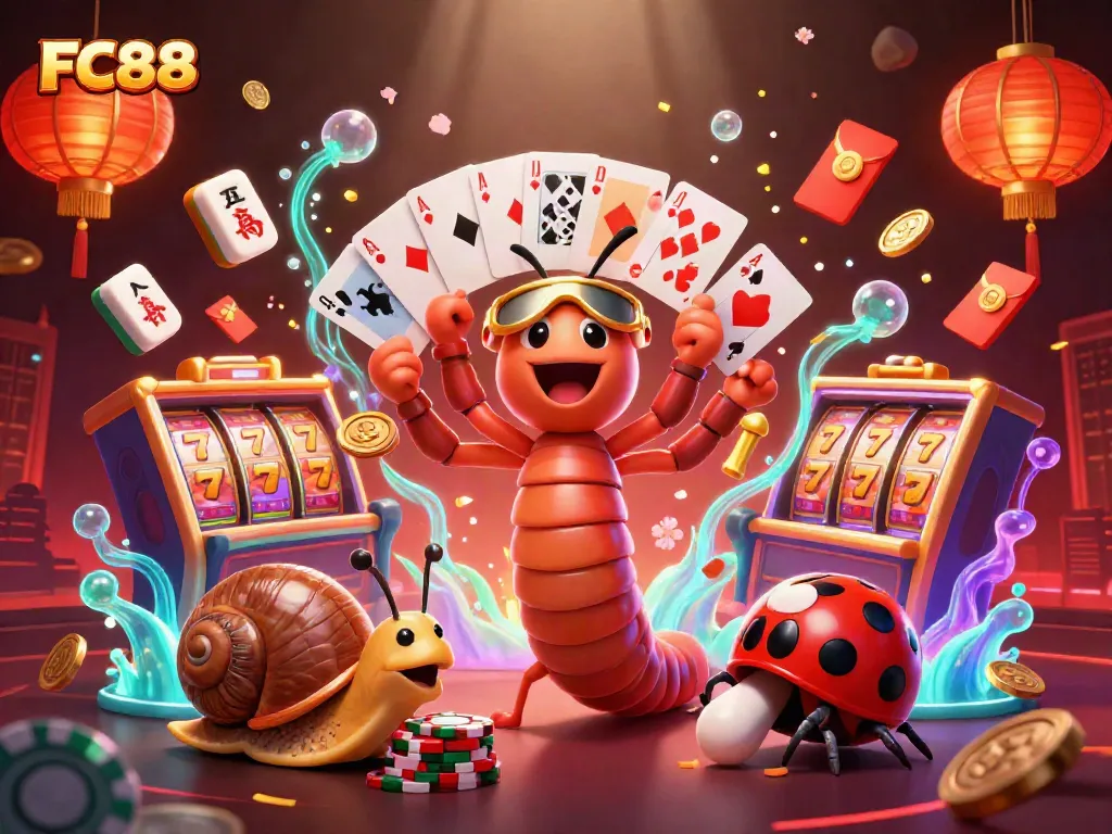 Engage with FC88's exciting casino atmosphere, featuring a unique dealer and vibrant game elements.