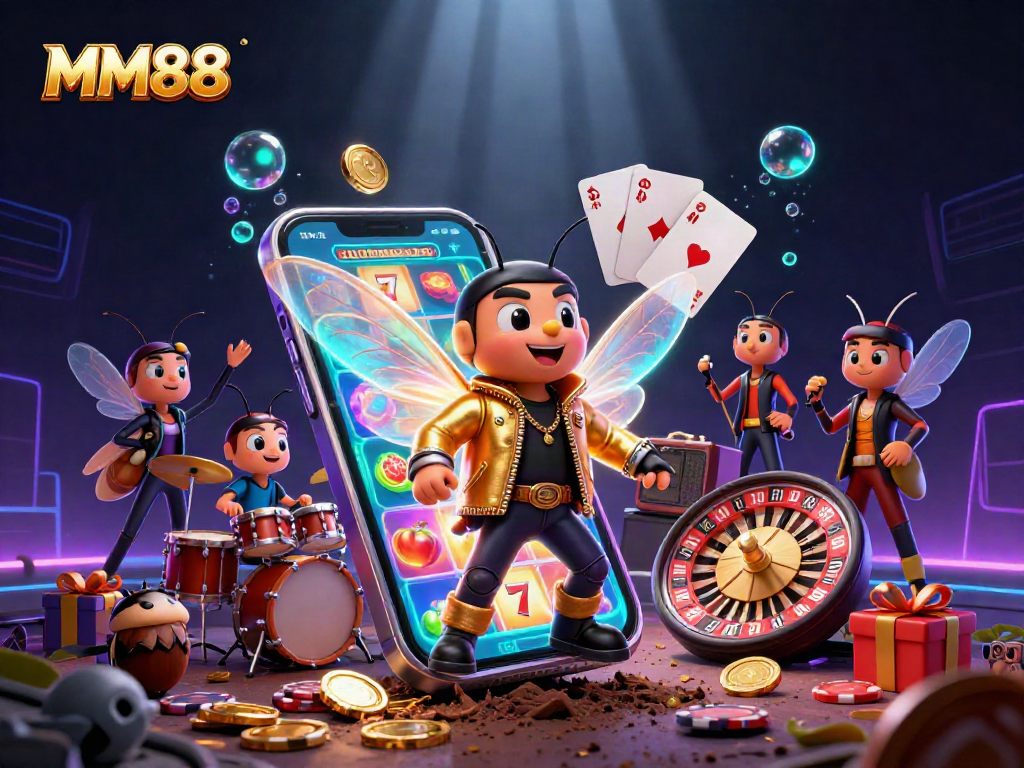 Experience thrilling slot action with MM88 featuring vibrant characters and engaging game elements in a dynamic casino scene.