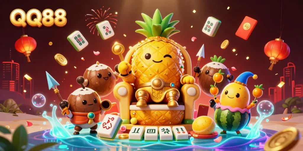 Engage in thrilling adventures with QQ88's vibrant online casino, featuring a whimsical golden pineapple king and lively characters.