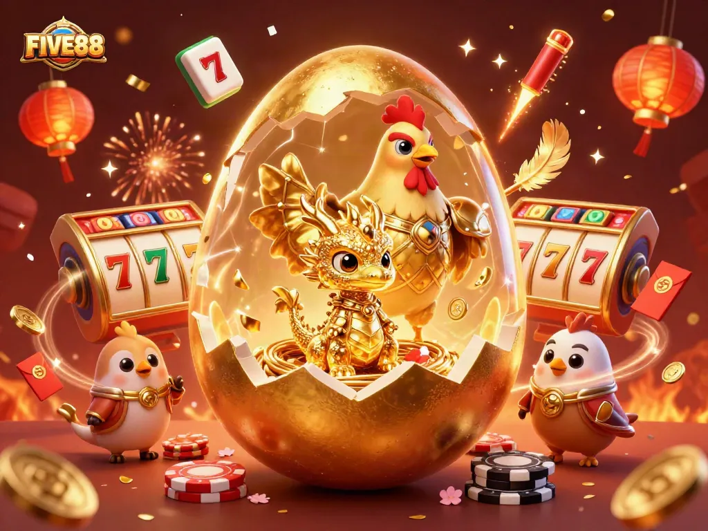 Join the excitement at FIVE88, where a golden dragon guards poker chips amidst a colorful casino celebration.