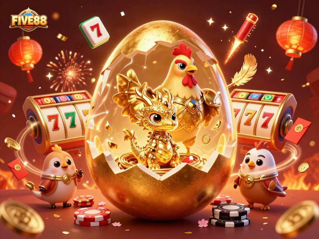 Join the excitement at FIVE88, where a golden dragon guards poker chips amidst a colorful casino celebration.