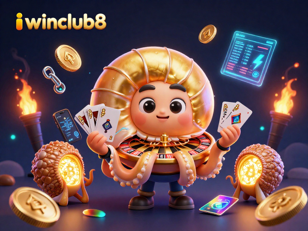 Engage with iwinclub8 through this vibrant 3D casino illustration showcasing advanced crypto gaming elements.