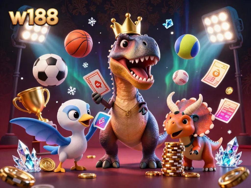 W188 showcases a dynamic scene with a friendly T-Rex and friends engaging in casino fun, surrounded by vibrant sports elements.