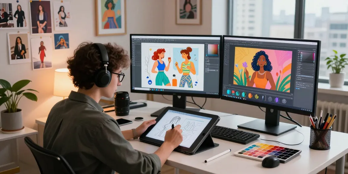AI NSFW content creation studio with artist illustrating digital art and designs.
