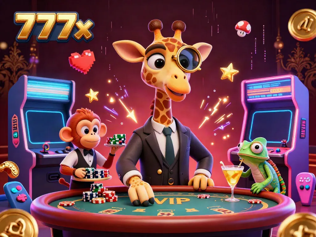 Engaging 3D illustration of a giraffe at VIP casino table highlighting 777x brand.
