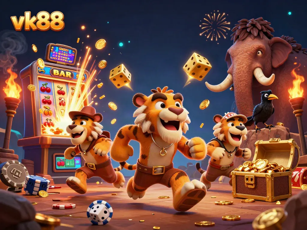 Engage with vk88 casino excitement in a vibrant illustration featuring dynamic characters and thrilling gaming elements.