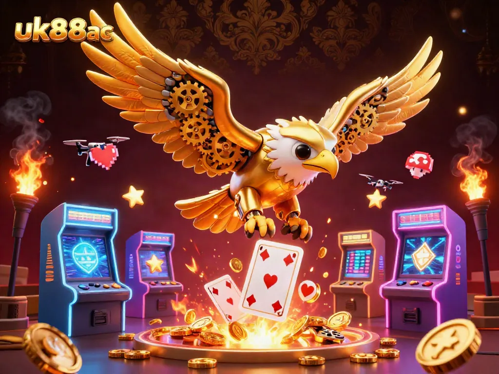 Experience thrilling gaming at uk88ac with a cybernetic eagle soaring through 3D arcade elements.