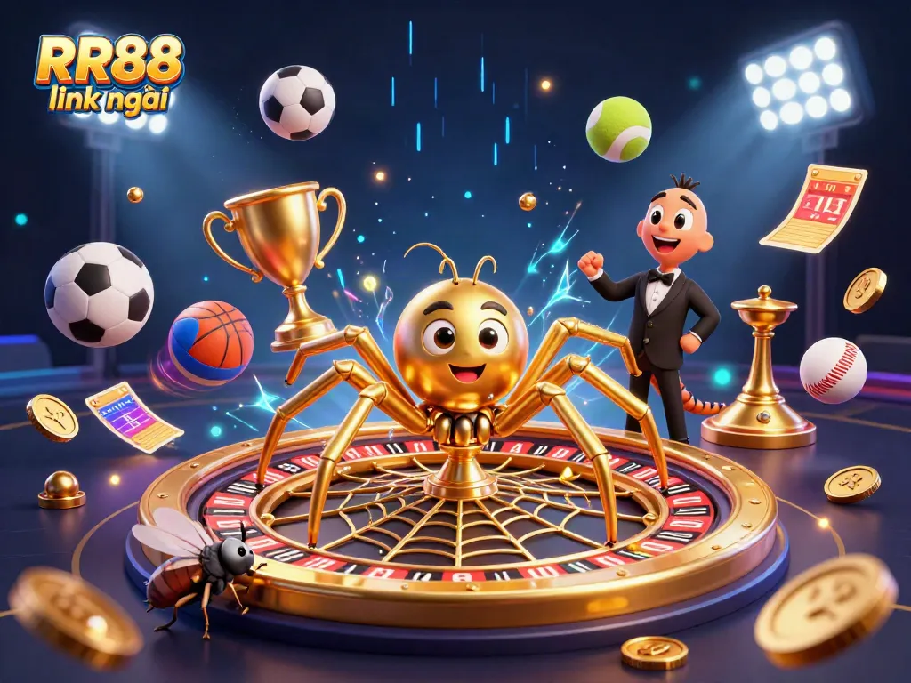 Spin the golden web at RR88 link mới, a vibrant and dynamic casino scene filled with sports elements.