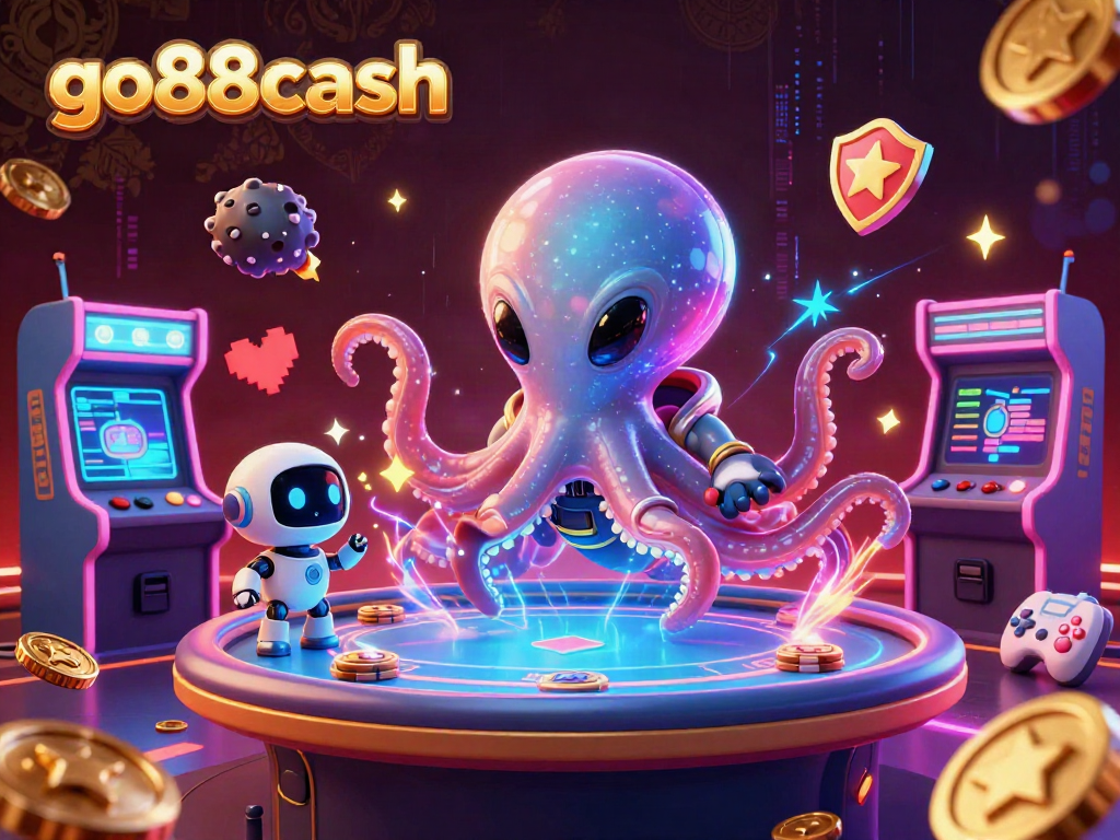 Engage with go88cash by enjoying a dynamic gambling experience featuring an alien octopus at a holographic poker table.
