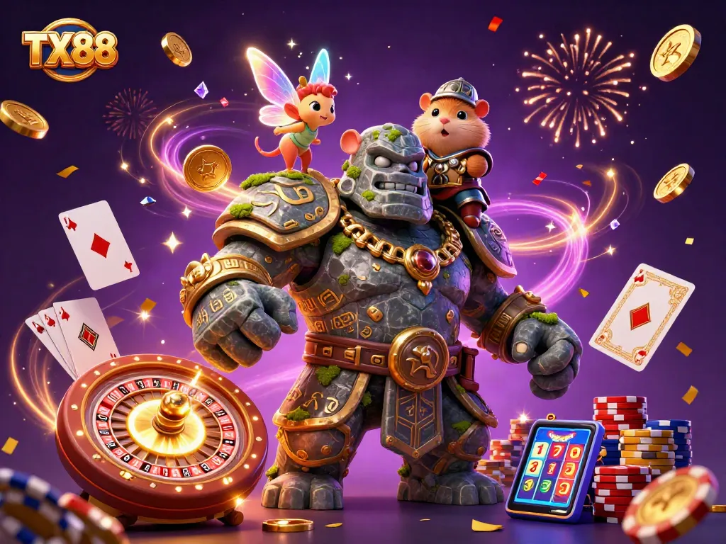 TX88 offers exciting casino games, showcasing a lively scene with magical characters and dynamic gambling elements.
