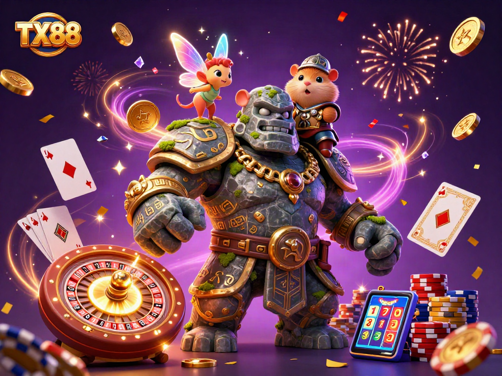 TX88 offers exciting casino games, showcasing a lively scene with magical characters and dynamic gambling elements.