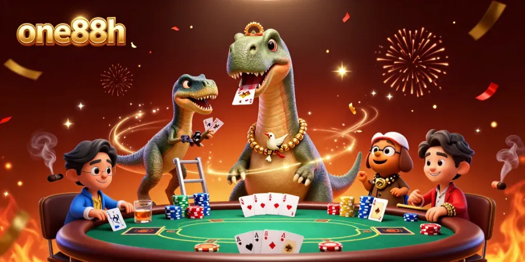 Experience the excitement of one88h with a thrilling 3D casino scene featuring a playful dinosaur dealer.