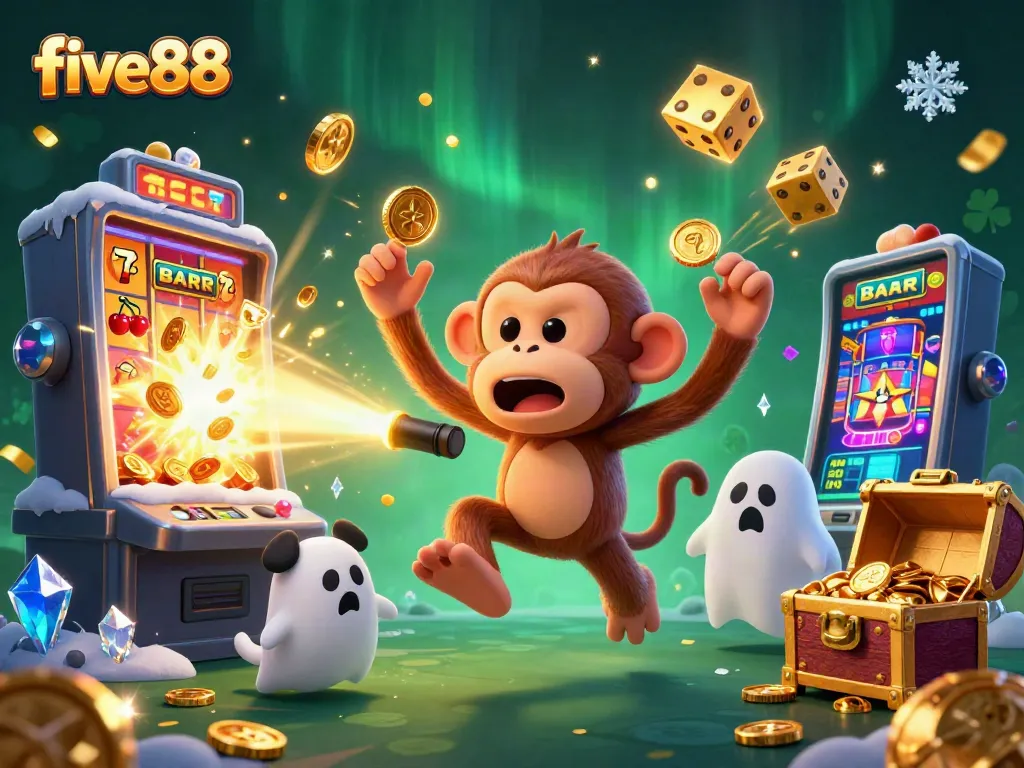 Engage with five88's thrilling casino experience featuring slot machines, a playful monkey, and a ghost-hunter puppy.