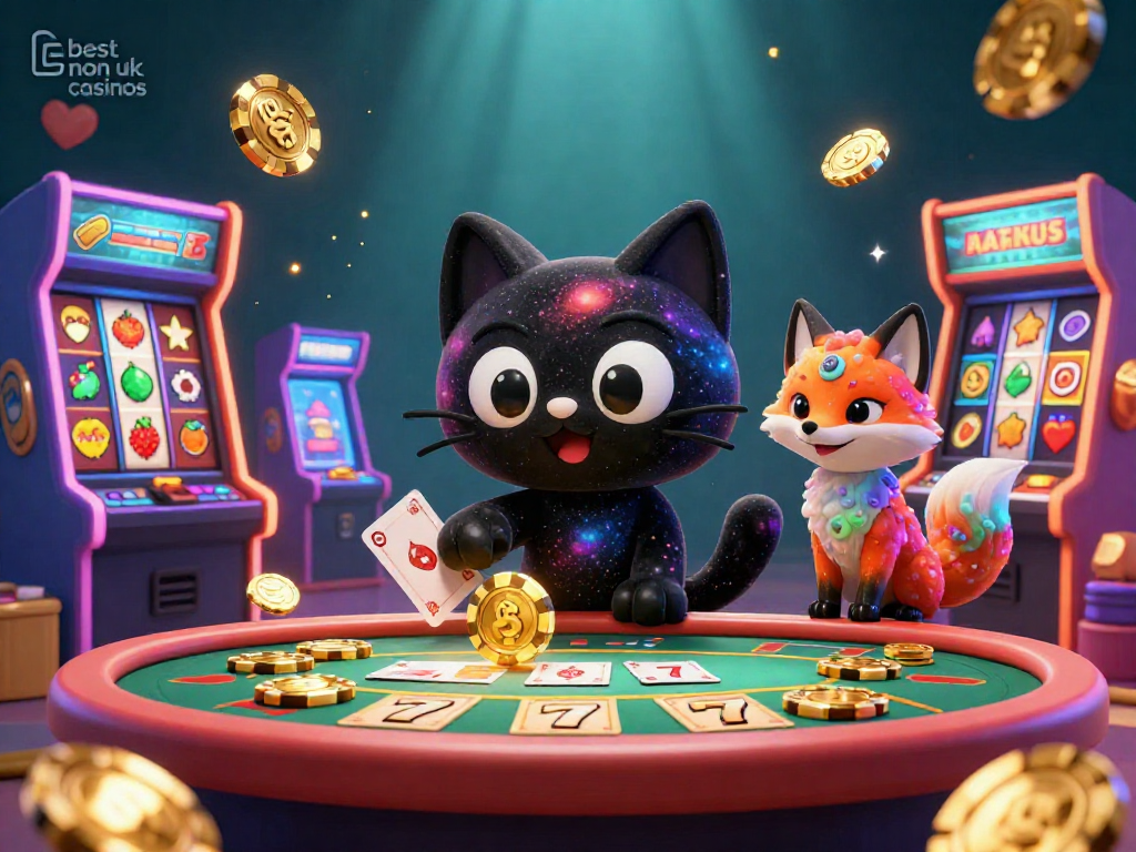 Experience the excitement of the best non uk casinos with a dynamic cosmic theme featuring a black hole cat at a casino table.