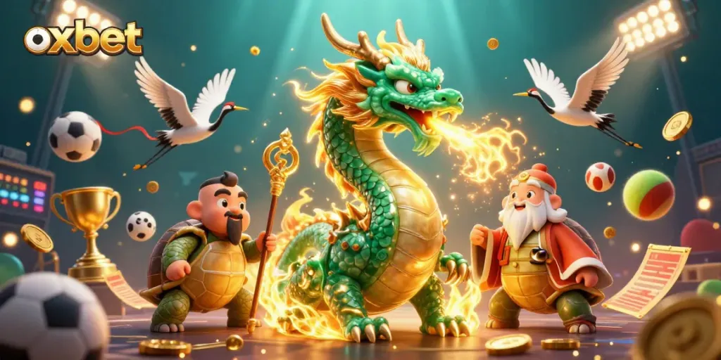Win big with oxbet at this vibrant casino scene featuring an emerald dragon and lucky cranes.