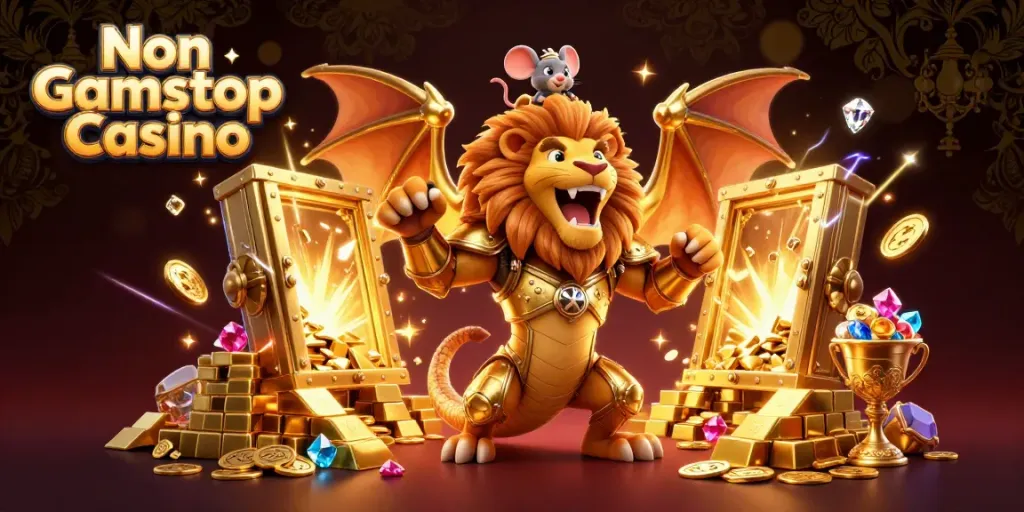 Engage in the excitement of a Non Gamstop Casino, with a dynamic chimera and treasure-filled scene.