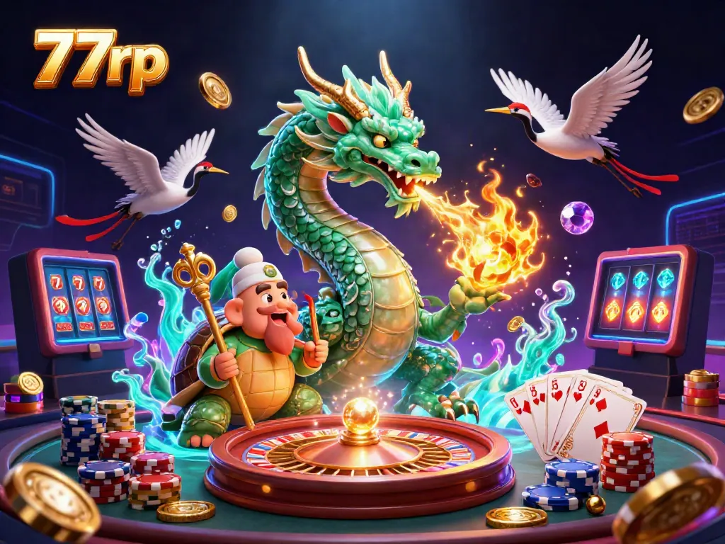 Experience the excitement of 77rp with a vibrant 3D casino scene featuring a jade dragon, turtle sage, and lucky cranes.