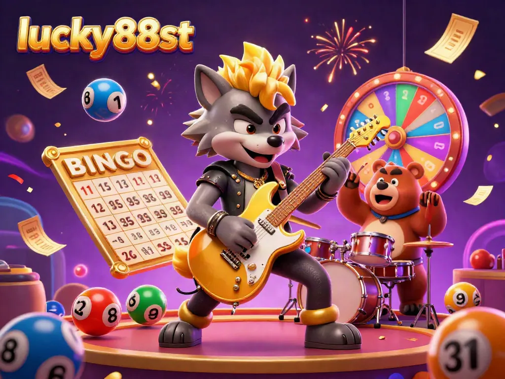 Engage in fun with lucky88st as the rock star wolf and drummer bear celebrate with lottery balls and casino prizes.