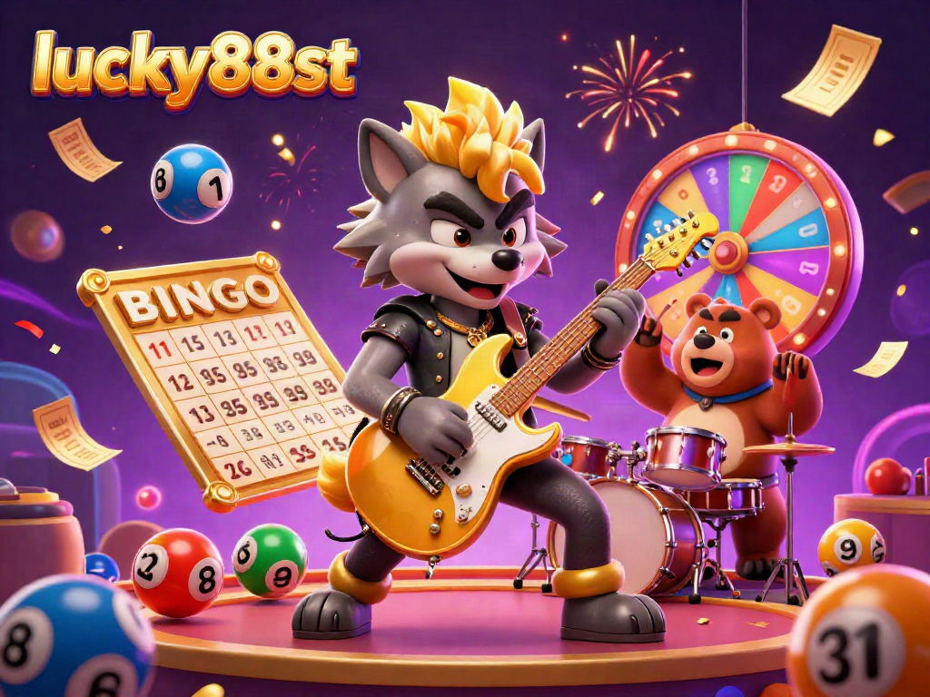 Engage in fun with lucky88st as the rock star wolf and drummer bear celebrate with lottery balls and casino prizes.