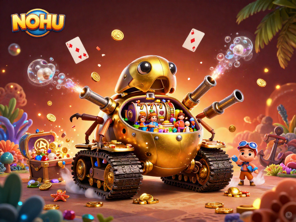 Experience NOHU's vibrant casino adventure with a golden tank bursting with games and treasures