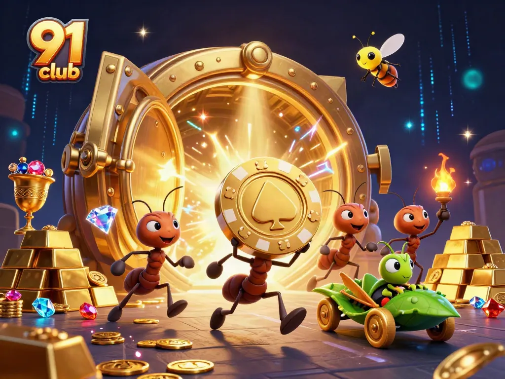 Ants grabbing a golden poker chip on a dynamic heist, showcasing 91 club excitement.
