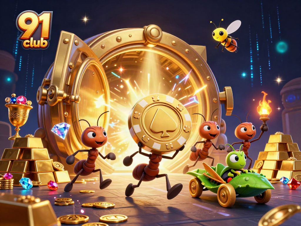 Ants grabbing a golden poker chip on a dynamic heist, showcasing 91 club excitement.