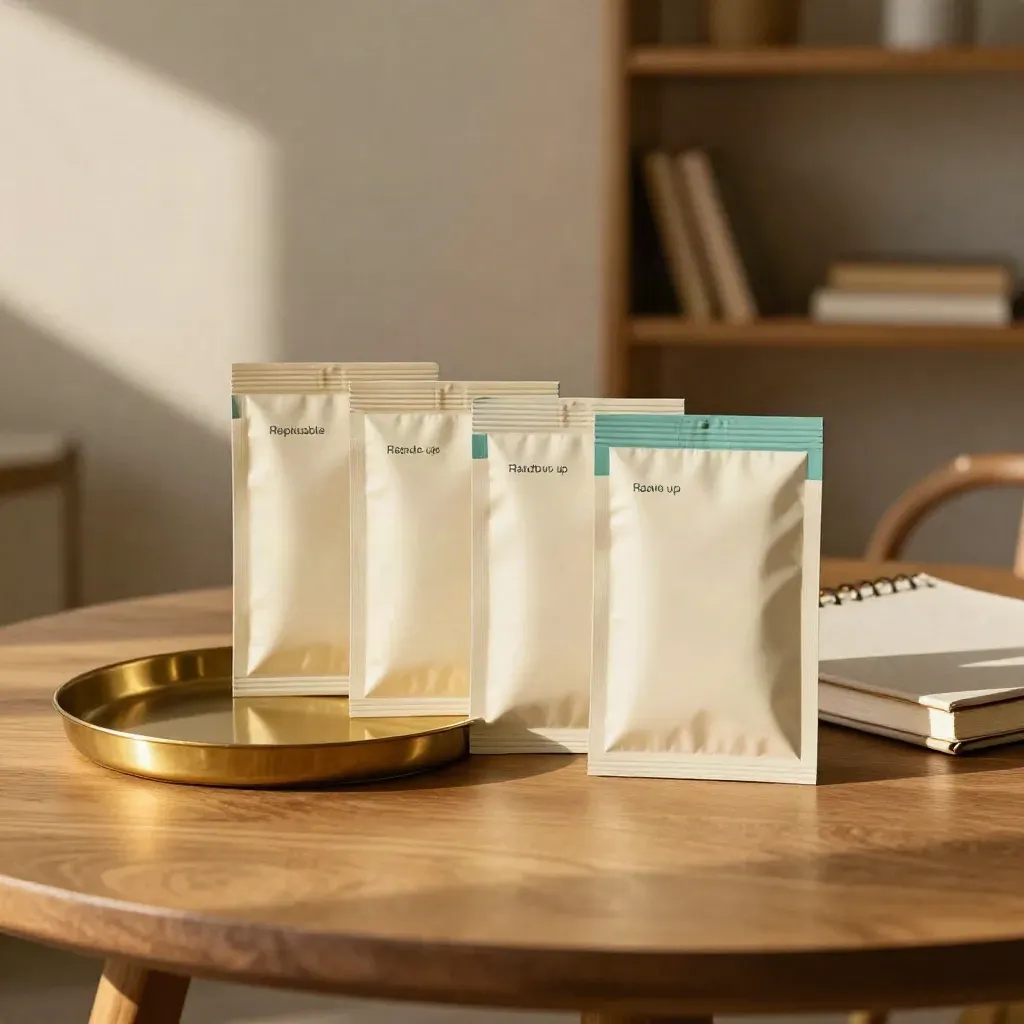 Four workflow packs and a notebook arranged on a round table in warm window light